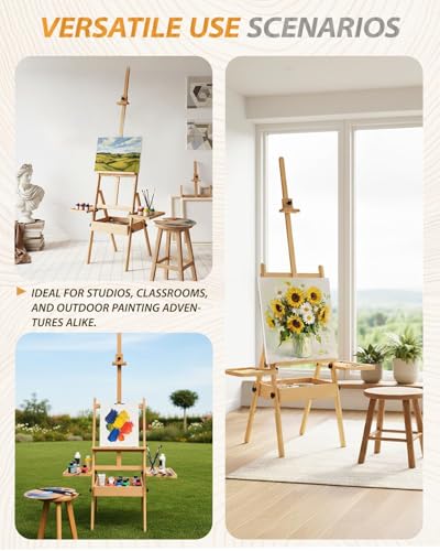 Foldable & Adjustable Wooden Art Easel with Storage Drawer Trays,Beech Wooden Easel for Painting,Artist Easel Stand for Painting,Standing Wood Easel Stand for Adult Student Studio,Stand Up Floor Easel - style: Enhanced Easel