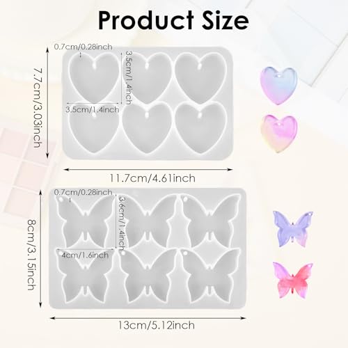 Butterfly Molds Silicone, 2 Pack Fondant Molds 6 Grids Epoxy Resin Mold with Hole Keychain Pendant Mold Heart Shape for DIY Crafts Jewelry Making