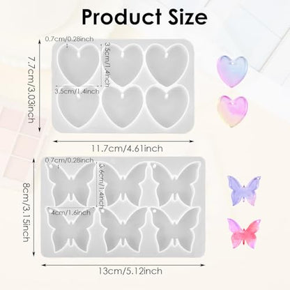 Butterfly Molds Silicone, 2 Pack Fondant Molds 6 Grids Epoxy Resin Mold with Hole Keychain Pendant Mold Heart Shape for DIY Crafts Jewelry Making
