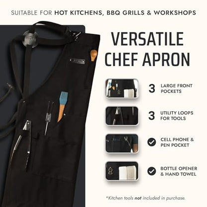 Asaya Chef and BBQ Apron with Bottle Opener and Hand Towel - 10oz Cotton Canvas, Stainless Steel Hardware - Cross Back Straps - color: Black