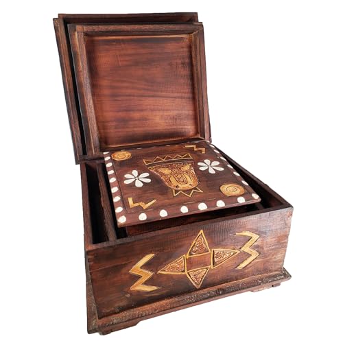 Hand-Carved Wooden Keepsake Box Collection – Decorative Rustic Storage Box, Jewelry Box, Trinket Organizer, Handmade Artisan Wood Home Décor (Box Lg & Med & Sm (Set of 3)) - size: Box Lg & Med & Sm (Set of 3)