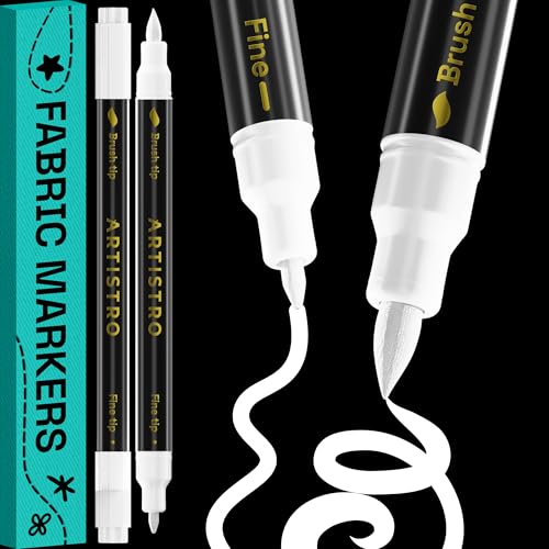 ARTISTRO 2 White Dual-Tip Fabric Markers - Fabric Decorating Kit - Permanent for Clothes - Acrylic Paint Pens for Sneakers, Bags, Shoes, Textile, Canvas, Sewing, Craft, DIY - Brush and Fine Tip - style: White