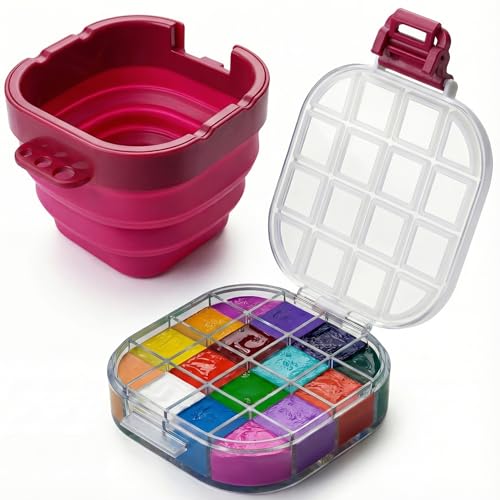 16-Well Airtight Gouache Palette Box with Lid & Foldable Water Cup, Pink | Compact Travel Design, Refillable Paint Storage Suitable for Watercolor & Acrylic - color: Pink
