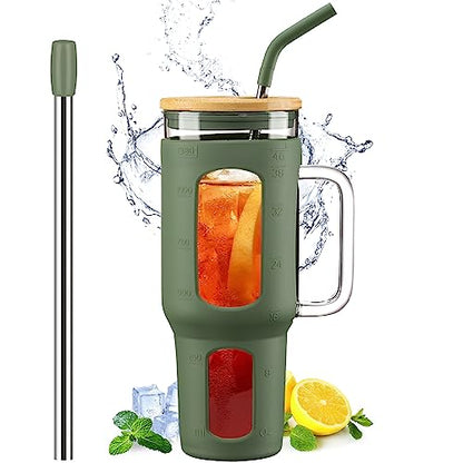 WINSA Glass Tumbler with Lid and Straw, 46 oz Iced Coffee Cup with Handle, Large Water Bottles with Silicone Sleeve, Glass Cup with Straws - Pearl Straw & Drinking Straw BPA Free-Olive - color: Olive, size: 46 Ounces