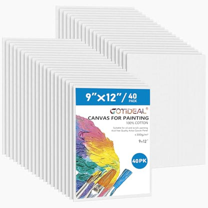 Gotideal Canvas for Painting, 40pcs 9x12 Primed Bulk Painting Canvas Board for Kids and Adults, White Blank Canvas Panels for Acrylic Paint, Oil, Pour Art Supplies - size: 9x12 inch