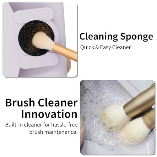 Travel Makeup Brush Holder with Cleaning Pad -Silicone Brush Organizer Case, Magnetic Closure Waterproof Cosmetic Bag for Easy Storage & On-the-Go Cleaning (9.05 Inch) - color: Purple