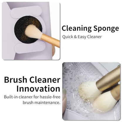 Travel Makeup Brush Holder with Cleaning Pad -Silicone Brush Organizer Case, Magnetic Closure Waterproof Cosmetic Bag for Easy Storage & On-the-Go Cleaning (9.05 Inch) - color: Purple