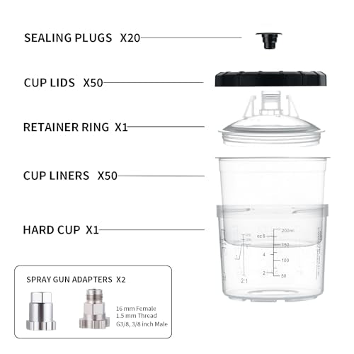 AEROPRO Tools Disposable Paint Cups Liners and Lid System, 50 Pack 6 Ounce (200ml) Kit for Spray Gun-50 Cup Liners, 50 Lids with Strainer, 1 Hard Cup with Retainer Ring, 20 Plugs, 2 Cup Adapters - size: 6 oz (Mini)