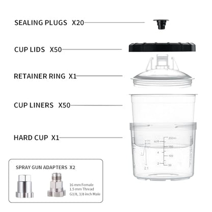AEROPRO Tools Disposable Paint Cups Liners and Lid System, 50 Pack 6 Ounce (200ml) Kit for Spray Gun-50 Cup Liners, 50 Lids with Strainer, 1 Hard Cup with Retainer Ring, 20 Plugs, 2 Cup Adapters - size: 6 oz (Mini)
