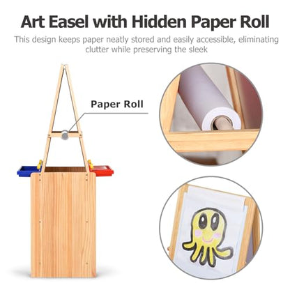 Dual-Sided Magnetic Art Easel, Wooden Activity Station w/ 2-Tier Storage Cabinet, Art Center for Toddlers, Classroom Whiteboard & Chalkboard
