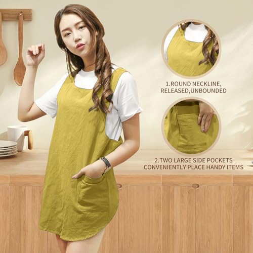Shortened Design Apron, Japanese Style Soft Cotton Linen Apron with Two Side Pockets, X Cross Halter Aprons, Kitchen Cooking Clothes Gift for Women DIY Project, Crafting, Cooking, Baking(Yellow) - color: Yellow, style: 1# Style-rounded Edge