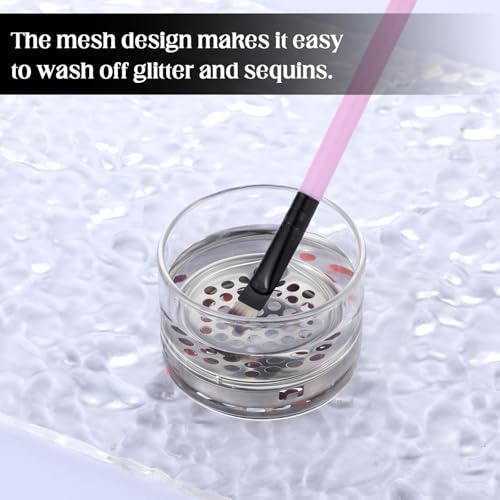 Nail Brushes Washing Cup, Acrylic Liquid Powder Glass Dappen Dish Glass Cup, Mesh Acrylic Liquid Powder Removal Dappen Dish with Lid & Mesh Layered Brushes Washer