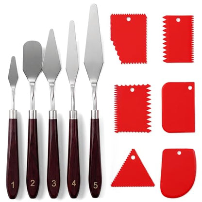 Palette Knife Set, 5pcs Stainless Steel Palette Knives with 6 Plastic Scrapers Small Offset Spatula for Oil, Canvas, Acrylic Painting & Cake Decorating