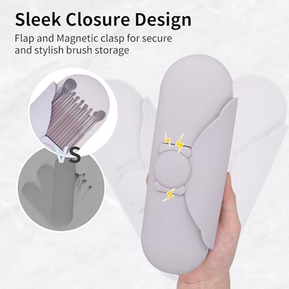 Travel Makeup Brush Holder with Cleaning Pad -Silicone Brush Organizer Case, Magnetic Closure Waterproof Cosmetic Bag for Easy Storage & On-the-Go Cleaning (9.05 Inch) - color: Purple