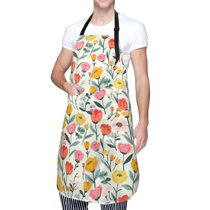 Cream Pastel Wildflower Art Waterproof Apron with Pockets | Garden Aprons for Men Women Adjustable Bib Apron for Cooking Kitchen Baking BBQ Painting Housework Oil Resistant - color: Cream Tulip Garden