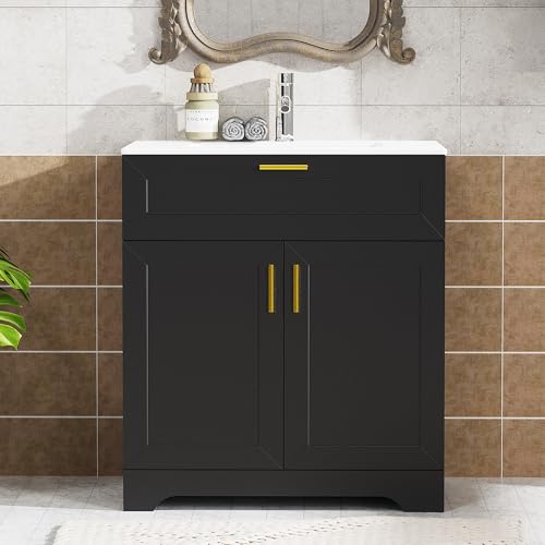 30 inch Bathroom Vanity with Ceramic Sink, Bathroom Sink and Cabinet Combo Set, Wood Vanity with Hidden Storage, Vanity Sinks for Bathrooms, Painted Surface (Black, 30 inch) - color: Black, size: 30 inch With Sink