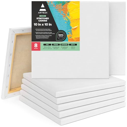 ARTEZA Square Stretched Canvas for Painting, 10 x 10 in, Pack of 8, Pre-Primed White Canvases for Acrylic, Oil, Gouache, Tempera, and Pouring Art - color: White - Classic, size: 10 x 10 (Pack of 8)