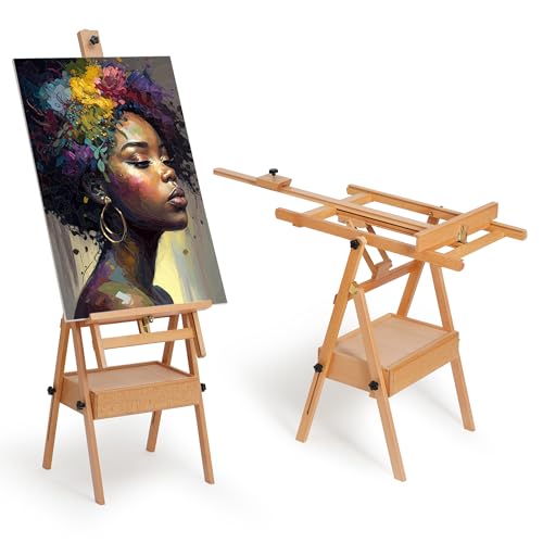 ARTIFY Large Wooden H-Frame Studio Easel, Sturdy Beechwood Canvas Holder Stand, Both Horizontal and Vertical Use, for Acrylic, Oil, Watercolor and Gouache