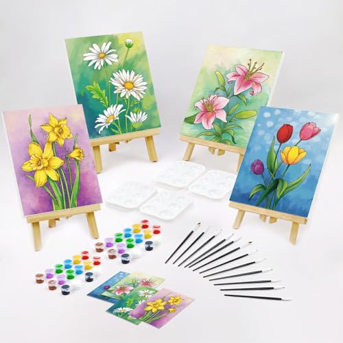 VOCHIC 4 Pack Sip and Paint Kit, Pre Drawn Canvas for Painting for Adults Kids Pre Printed Canvas to Paint Party Supplies Girls Night Games Date Night Art Set Flower Theme 8x10 in - size: 8x10, style: style 9