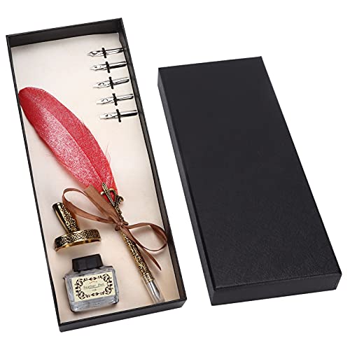 Quill Pen Set, Vintage Calligraphy Pen Retro Style Writing Pen Set Dip Pen with No Ink for Writing and Signing Invitations (Red) - color: Red