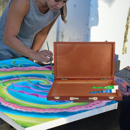 TEHAUX Wooden Painting Box Hand-Held Art Storage Case Portable Drawing Tool Organizer 14.56X9.05X1.77 Inches for Outdoor Artists and Students