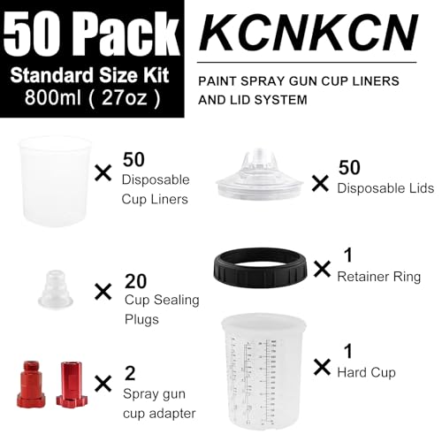 Disposable Paint Spray Gun Cup Liners & Lid System, 50 Standard 27 Ounce (800ml) Kit - 190 Mic- 50 Cup Liners, 50 Lids with Strainer, 1 Hard Cup with Retainer Ring 20 Plugs,2 Cup Adapters - size: 27 Ounce (190Mic) Kit-50PCS+2 Adapters