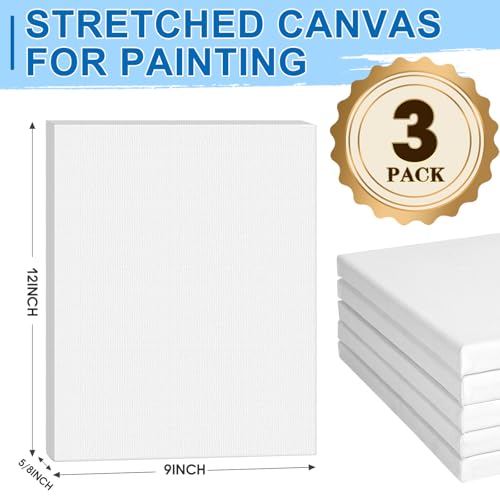 ESRICH Stretched Canvas for Painting, 3 Pack 9x12 Inch Canvas Value Pack,Primed Acid-Free Cotton Blank Canvases, Painting Canvas for Oil & Acrylic Paint. - size: 9x12in 3pack