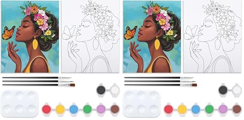 VOCHIC Pre Drawn Canvas for Painting for Adults Paint and Sip Kit Painting Party Supplies 8 Acrylic Colors,3 Brushes,1 Palette Art Set Flower Girl 8x10 in (Pack of 2) - size: 8x10 (Pack of 2), style: Style 3