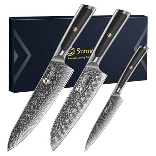 Sunnecko Damascus Kitchen Knife Set 3 Piece, Sharp Chef Knife Set Professional Kitchen Knives Sets Full Tang with Gift Box - size: Set of 3