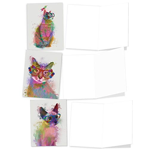 The Best Card Company 20 Assorted Blank Notecards Bulk Box Set 4 x 5.12 Inch with Envelopes (10 Designs, 2 Each) Funky Rainbow Cats AM6199OCB-B2x10 - style: Funky Rainbow Cats