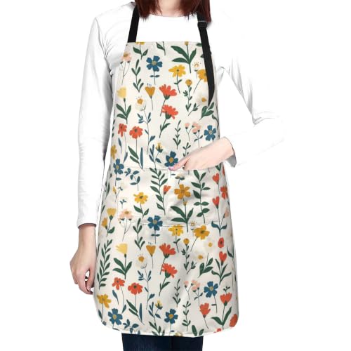 Cream Pastel Wildflower Art Waterproof Apron with Pockets | Garden Aprons for Men Women Adjustable Bib Apron for Cooking Kitchen Baking BBQ Painting Housework Oil Resistant - color: Earthy Summer Blooms