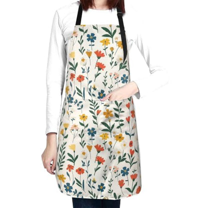Cream Pastel Wildflower Art Waterproof Apron with Pockets | Garden Aprons for Men Women Adjustable Bib Apron for Cooking Kitchen Baking BBQ Painting Housework Oil Resistant - color: Earthy Summer Blooms
