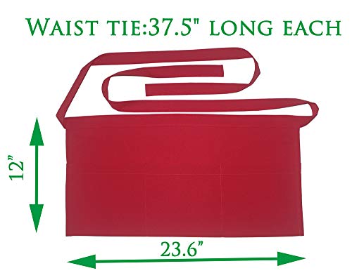 Resist water 3 big Pockets Waist Server Apron Kitchen Restaurant Unisex Half Aprons - color: Red