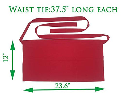 Resist water 3 big Pockets Waist Server Apron Kitchen Restaurant Unisex Half Aprons - color: Red