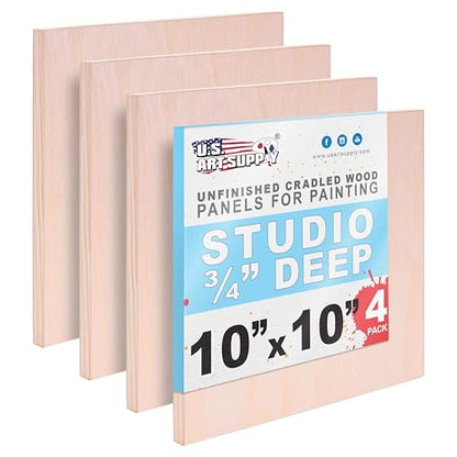 U.S. Art Supply 10" x 10" Unfinished Cradled Wood Panels for Painting, Studio 3/4" Deep (4 Pack) - Artist Depth Birch Wooden Wall Canvases - Mixed-Media Craft, Acrylic, Oil, Encaustic, Paint Pouring - size: 10" x 10", style: Square