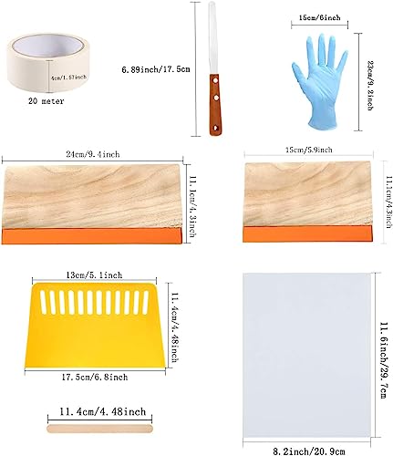 Caydo 23 Pieces Screen Printing Starter kit Include 3 Different Size of Wood Silk Screen Printing Frame with Mesh, Screen Printing Squeegees, Inkjet Transparency Film, Ink Knife, and Mask Tape - style: 23pcs