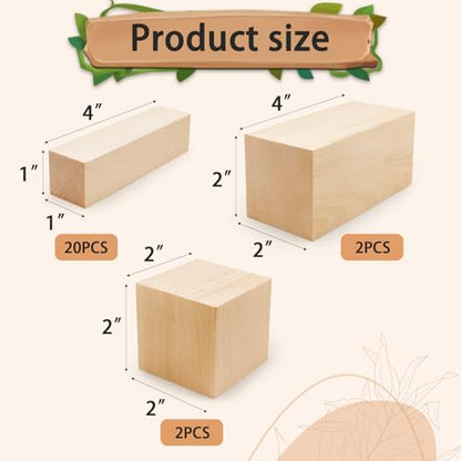 Basswood Carving Blocks for Crafts,Cymuber 24 PCS Whittling Wooden Blockss Kit with 3 Sizes,Wood Carving Blocks Wood Whittling Kit Crafts for Kids and Adults
