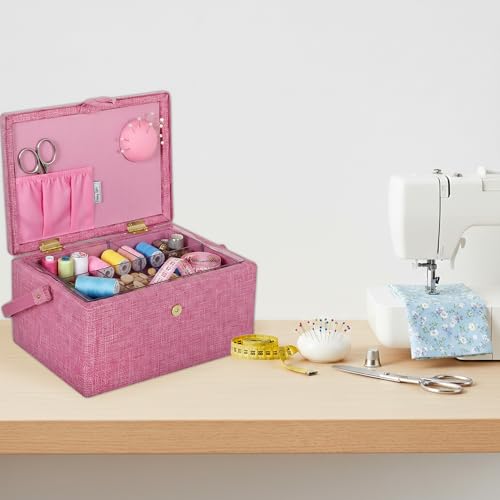 Hobby Gift Medium Sewing Box Organiser, Fabric Covered Storage Box with Handle, Internal Tray, Pin Cushion and Pocket for Sewing, Quilting and Knitting Supplies - color: Cherries