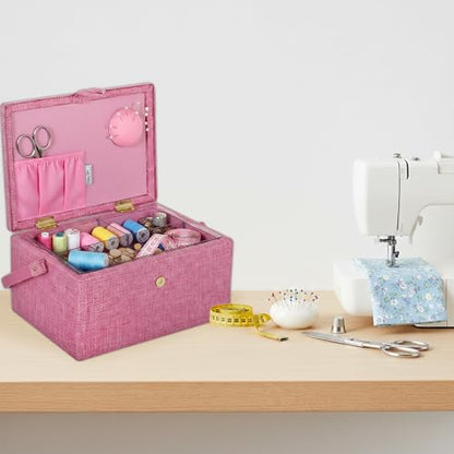 Hobby Gift Medium Sewing Box Organiser, Fabric Covered Storage Box with Handle, Internal Tray, Pin Cushion and Pocket for Sewing, Quilting and Knitting Supplies - color: Cherries