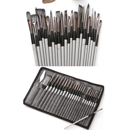 24pcs Paint Brush Set, Expert Series, 23 Different Shapes + Mixing Knife with Cloth Roll Case, Enhanced Synthetic Painting Brushes Set for Acrylic, Watercolor, Oil, Gouache (Grey) - color: Gray