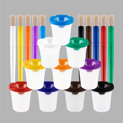 ordinarYone 10 x Leakproof Brush Wash Cups with Sealed Lid, Transparent Cup and Art Brush Set for Art Drawing