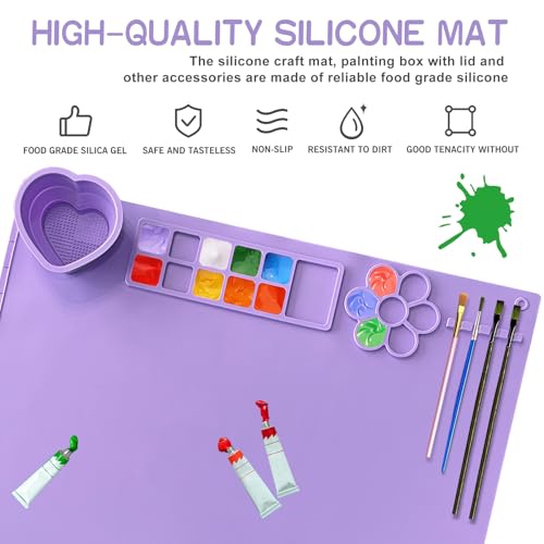 Silicone Painting Mat,20"X16"Large Silicone Art mat, Art Mat with Cup, Easy Clean up, Protects Surfaces Perfectly. for Paint, Color, Play with Clay/Play Dough.(Purple) - color: Purple