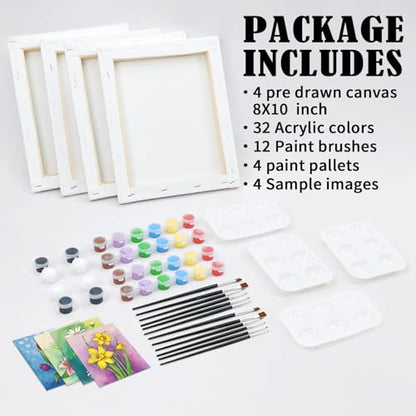 VOCHIC 4 Pack Sip and Paint Kit, Pre Drawn Canvas for Painting for Adults Kids Pre Printed Canvas to Paint Party Supplies Girls Night Games Date Night Art Set Flower Theme 8x10 in - size: 8x10, style: style 9