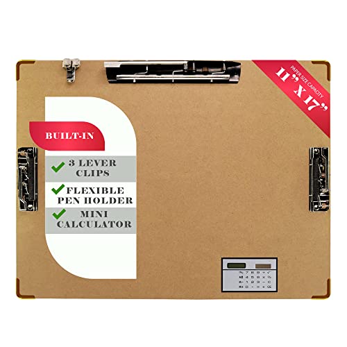 Performore 11x17 Hardboard Clipboard – Engineered Wood Drafting Boards with 3 Lever Clips & Built-in Calculator, Portrait Format Writing Surface for Architects, Engineers, and Classrooms (1 Pack) - style: 1 pack