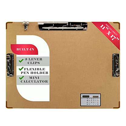Performore 11x17 Hardboard Clipboard – Engineered Wood Drafting Boards with 3 Lever Clips & Built-in Calculator, Portrait Format Writing Surface for Architects, Engineers, and Classrooms (1 Pack) - style: 1 pack