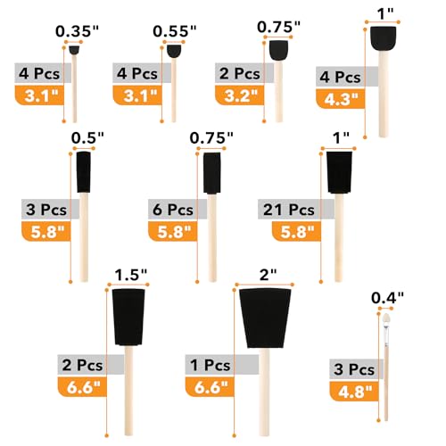 Bates- Foam Paint Brushes, 0.35"- 2", 50 Pack, Assorted Sizes, Foam Brushes for Painting with Lightweight Wooden Handles for Painting, Staining, Touch-Ups, Crafts & DIY Projects