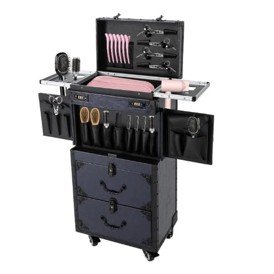 Professional Rolling Makeup Case for Hairstylists - Large Retro Train Case Trolley with Combination Lock & Metal Wheels,Mobile Storage Organizer for Barber,Cosmetology Tools&Cosmetics (Blue) - color: Blue