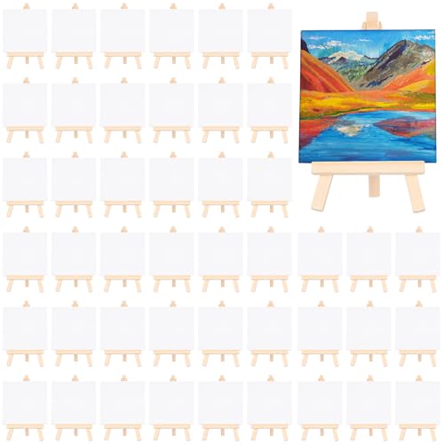 MotiMind 80 Pcs Mini Canvas and Easel Set for Painting Canvas Panels with Wooden Easels for Oil Acrylic Painting Mother's Day Birthday Party Favors(4 x 4 Inch) - size: 4 x 4 Inch
