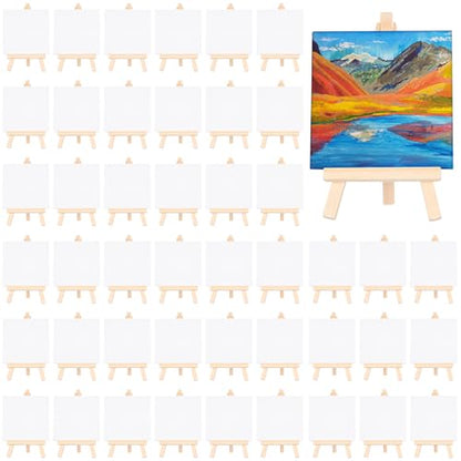 MotiMind 80 Pcs Mini Canvas and Easel Set for Painting Canvas Panels with Wooden Easels for Oil Acrylic Painting Mother's Day Birthday Party Favors(4 x 4 Inch) - size: 4 x 4 Inch