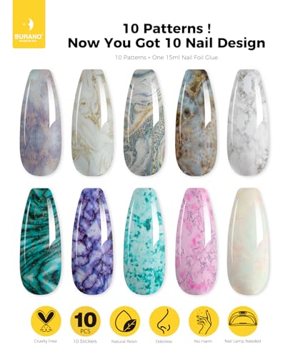 BURANO Nail Art Nail Foil Glue Gel, o.5 oz with 10PCS Foil Stickers Set Nail Foil Glue for Nails Foil Transfer Gel, Nail Design DIY UV LED Lamp Required (Marble Foil 15) - color: Marble Foil 15